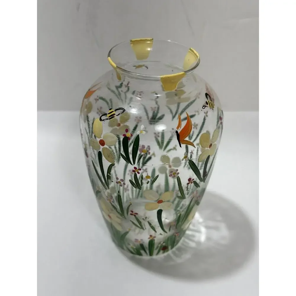 Set Of 2 Vintage Small Hand‎ Painted Floral Clear Glass Vase Signed K. LaRussa